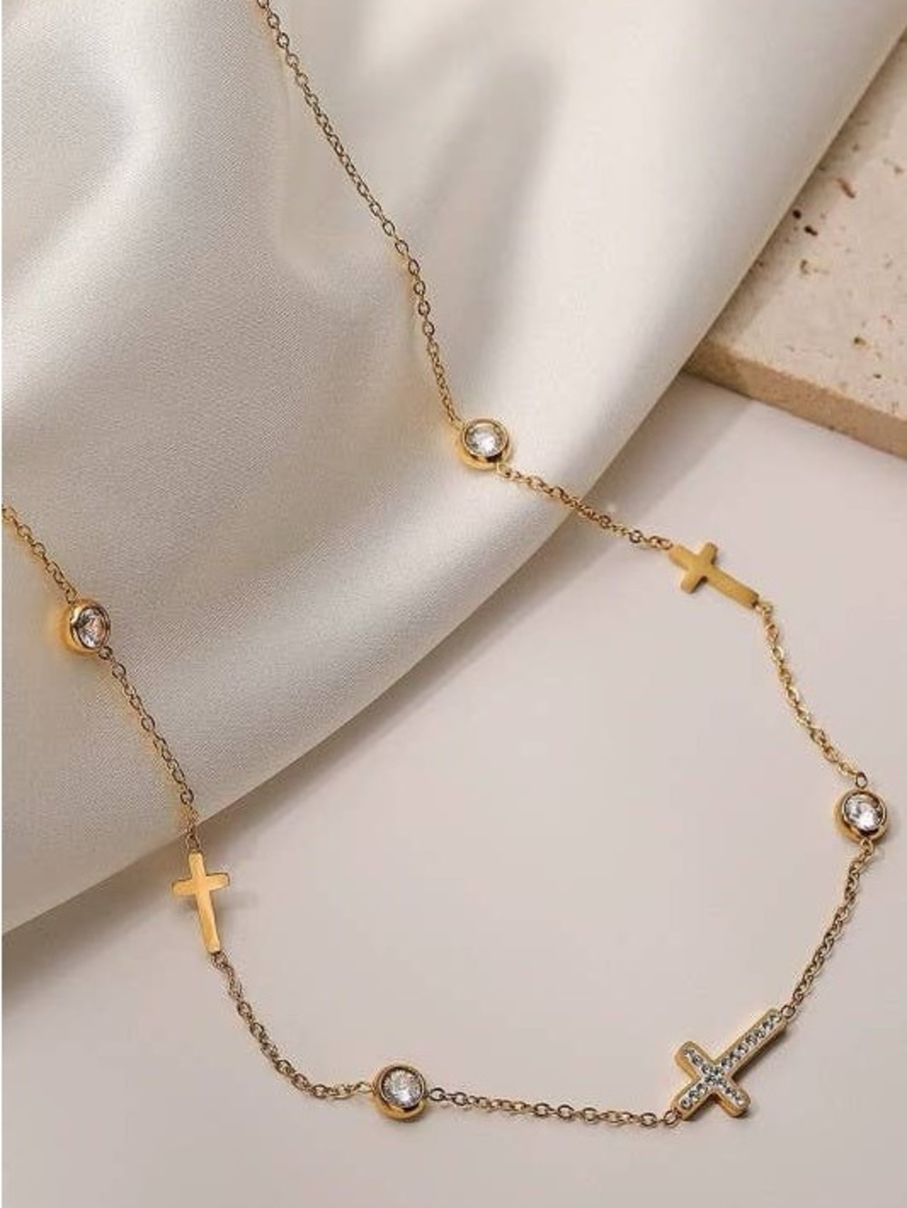 Waterproof Tarnish Free Delicate Gold Cross & Crystal Station Necklace